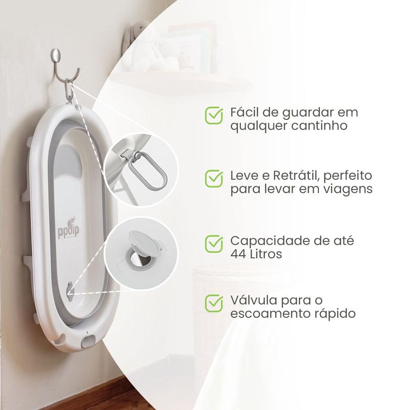 Banheira dobrada pendurada na parede, ocupando pouco espaço