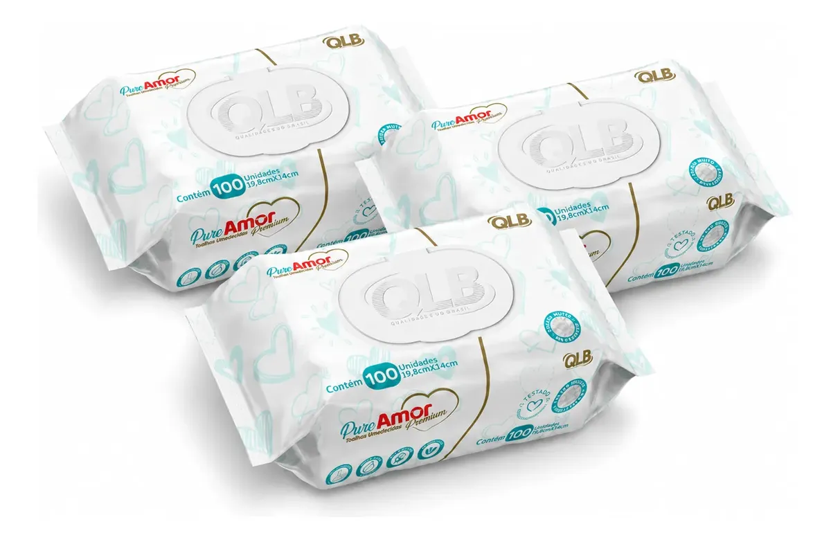 Kit 3 Lenços Umedecidos Puro Amor Premium 100 unidades cada